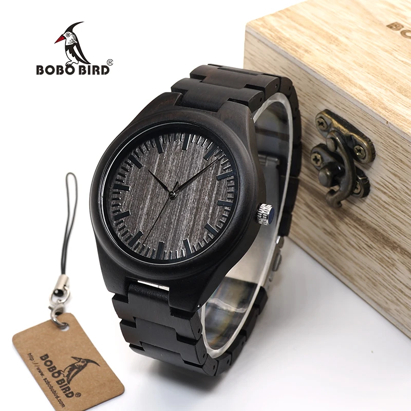 BOBO BIRD WO08 Brand Designer Wood Watch Ebony Wooden Quartz Watches for Men Watch in Wooden Box
