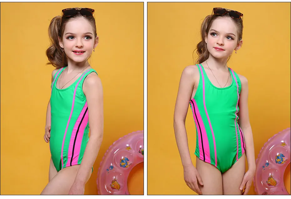 Andzhelika/Цельный Детский купальный костюм для девочек; летняя однотонная одежда для плавания в стиле пэчворк; Спортивный костюм; купальники для девочек; AK8911