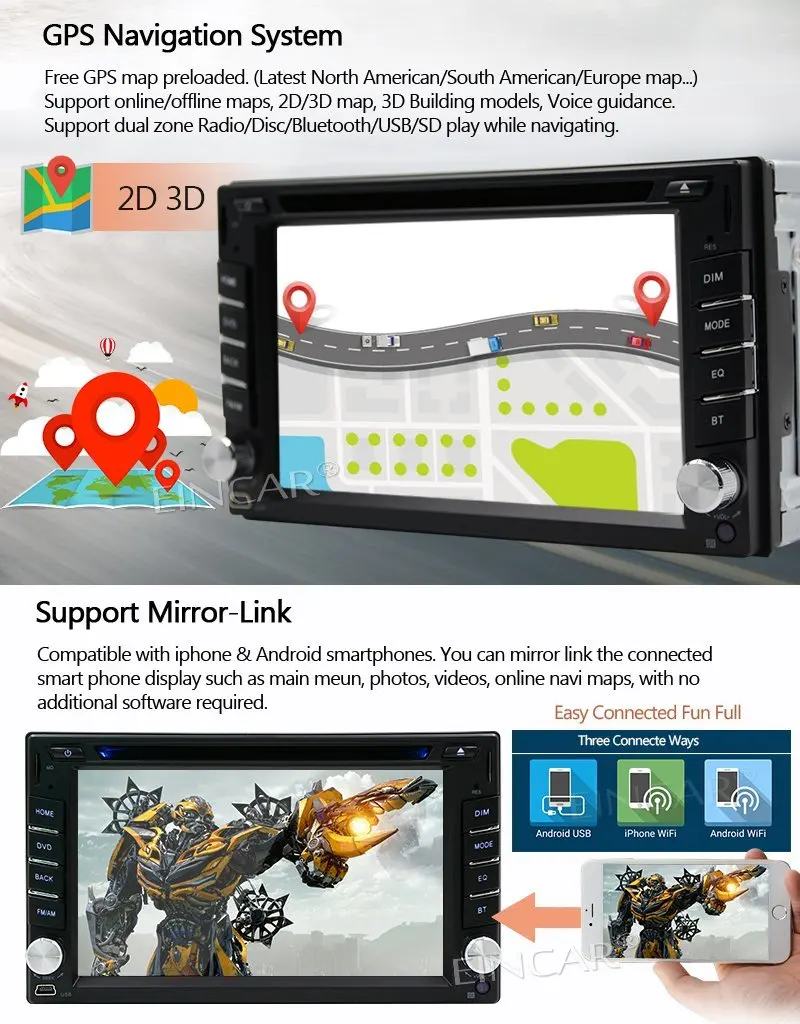 Clearance Android 6.0 Car Stereo 2 Din Bluetooth Radio Support GPS Navigation 3G/4G/Wifi USB Mirrorlink Backup Camera Aux Radio Video DVD 3