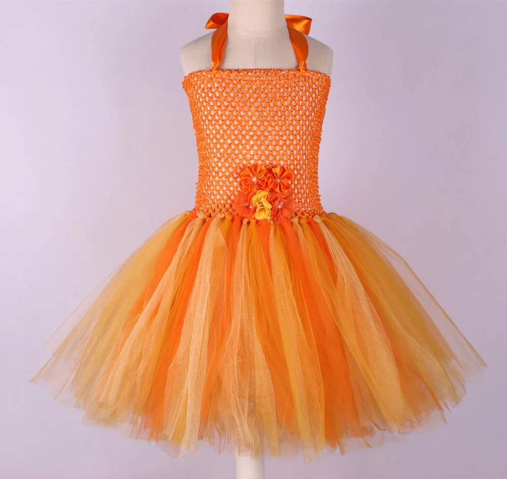Платье-пачка с цветочным рисунком ручной работы для девочек; оранжевый костюм тыквы на Хэллоуин; детское платье из тюля для девочек; праздничное платье на день рождения