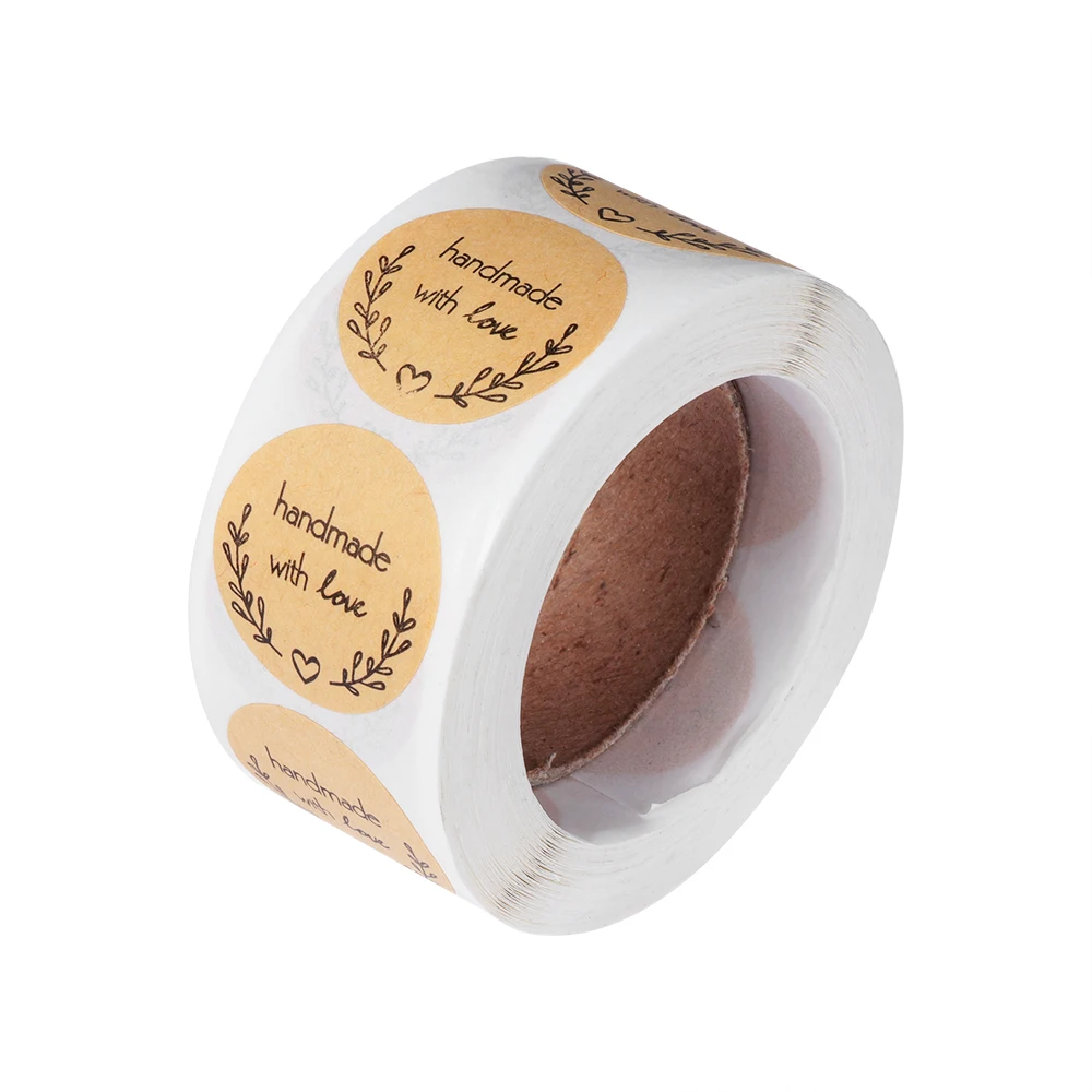 

500PCS/Roll Kraft Handmade With Love Stickers Wedding Decor Party Supplies Olive Branch Cards Box Package Label Sealing