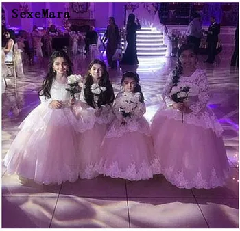 

Flower Girl Dress for Wedding Lace Applique Edge Long Sleeves O Neck Girls First Communion Gown Custom Made Size or Color