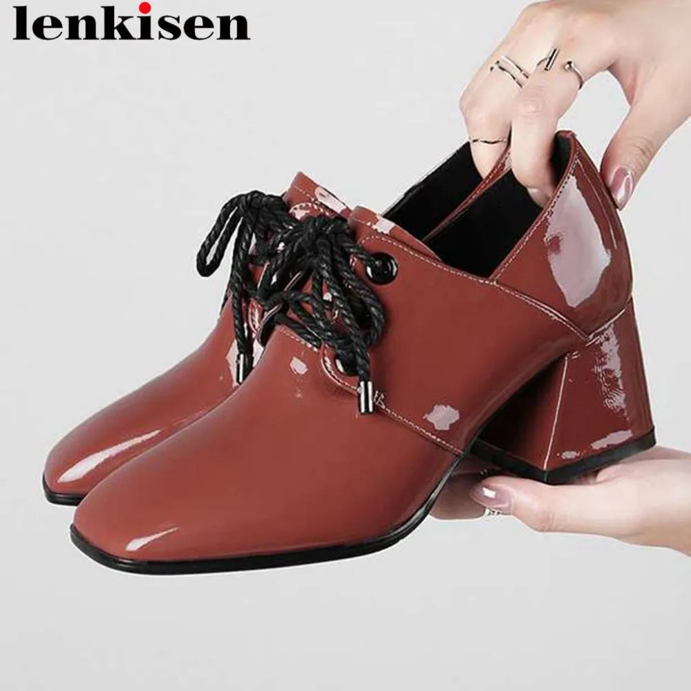 

Lenkisen European British style high quality real cow leather chunky heels lace up women pumps square toe plus size shoes L03
