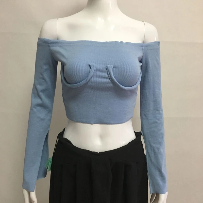 Ребристый топ с вырезом на плече рукавами крылышками лето и осень|crop top tee|top teescrop
