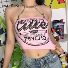 Sweetown-Camiseta sin mangas Punk gótica con cadena de Metal para mujer, Top corto con estampado de letra rosa, ropa urbana para vacaciones de verano