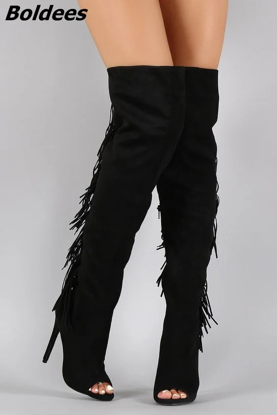 

Extraordinary Women Black Suede Back Flowing Fringe Stiletto Heel Knee High Boots Chic Peep Toe Side Zip Long Boots New Design