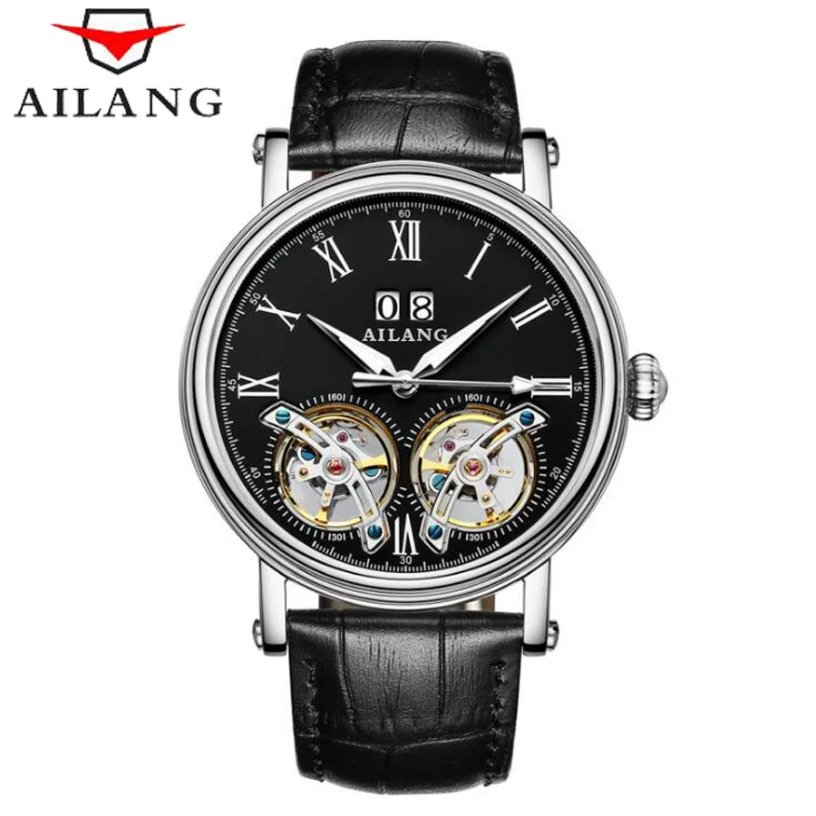 Люксовый бренд AILANG автоматические механические часы для мужчин s Водонепроницаемый двойной Tourbillon часы из натуральной кожи ремни мужские наручные часы - Цвет: Silver black