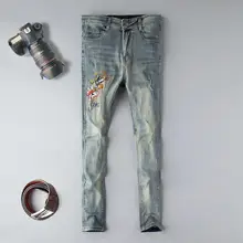 Брендовые дизайнерские мужские брюки с вышивкой в стиле хип-хоп, обычные мягкие джинсовые уличные рваные джинсы, японские синие брюки