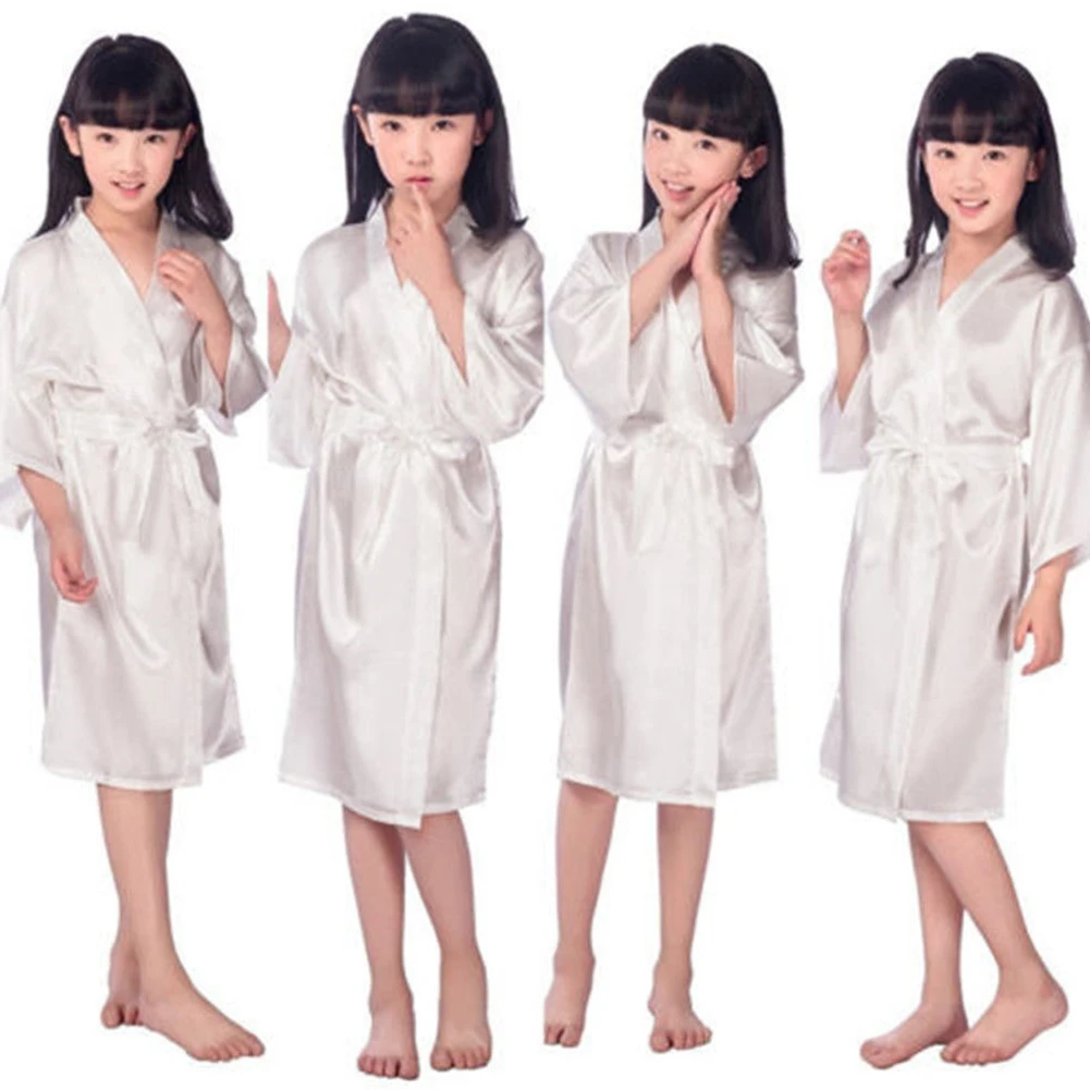 New Arrival Baby Girls Kid Silk Satin Kimono Robes Bathrobe Sleepwear Nightdress Wedding Flower Girl Solid Loose Night Dress