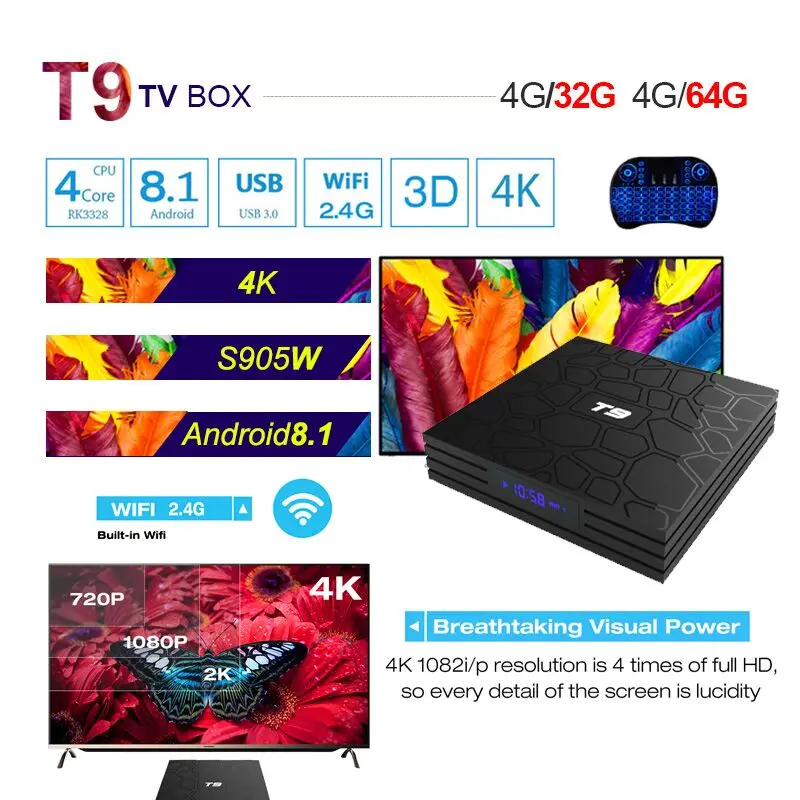 TV Box Android 8.1 T9 large memory 4GB+32GB/4GB64GB Multimedia WIFI 2.4G Quad Core PK3328 4k Smart set tv box Media player