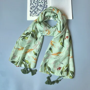 

IANUS Women Cotton Green Scarf Large Leaves Pattern Shawl Warm Pashmina Fashion Soft Wrap NEW [3033]