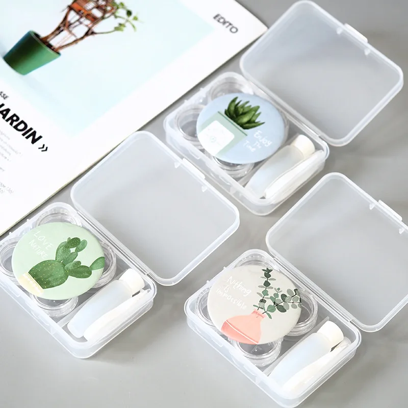 

FOURETAW 1 Set Cute Style Floral Cactus Pattern Pocket Mini Contact Lens Case Travel Kit Easy Carry Mirror Mirror Container