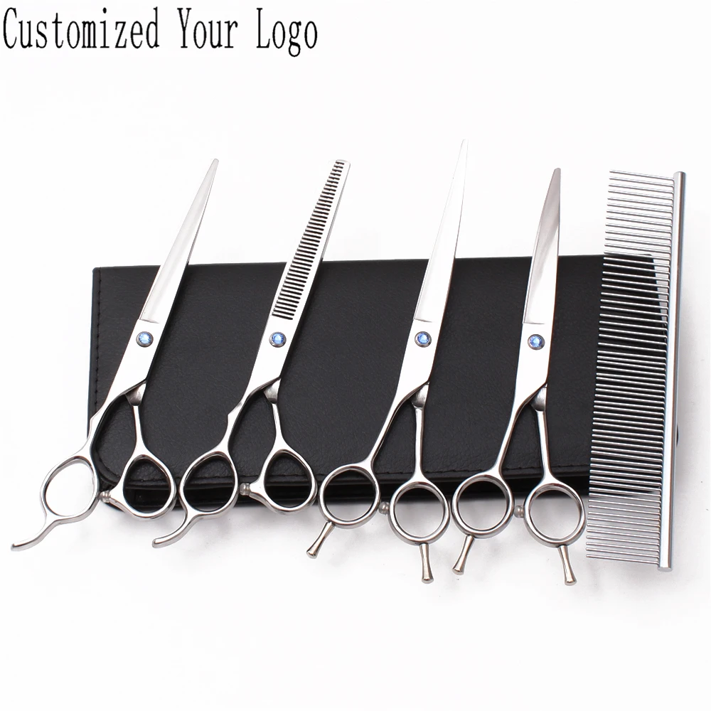 

Left-Hand 7" Stainless Customize Logo Silver Dog Grooming Kit Cutting Scissors Thinning Shears Curved Shears Pet Scissors C3006
