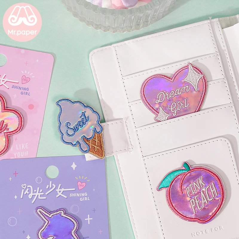 

Mr.Paper 6 Designs Peach Ice Cream Unicorn Heart Pink Laser Embroidery Stickers Stitch Patches DIY Clothes Deco Fabric Stickers