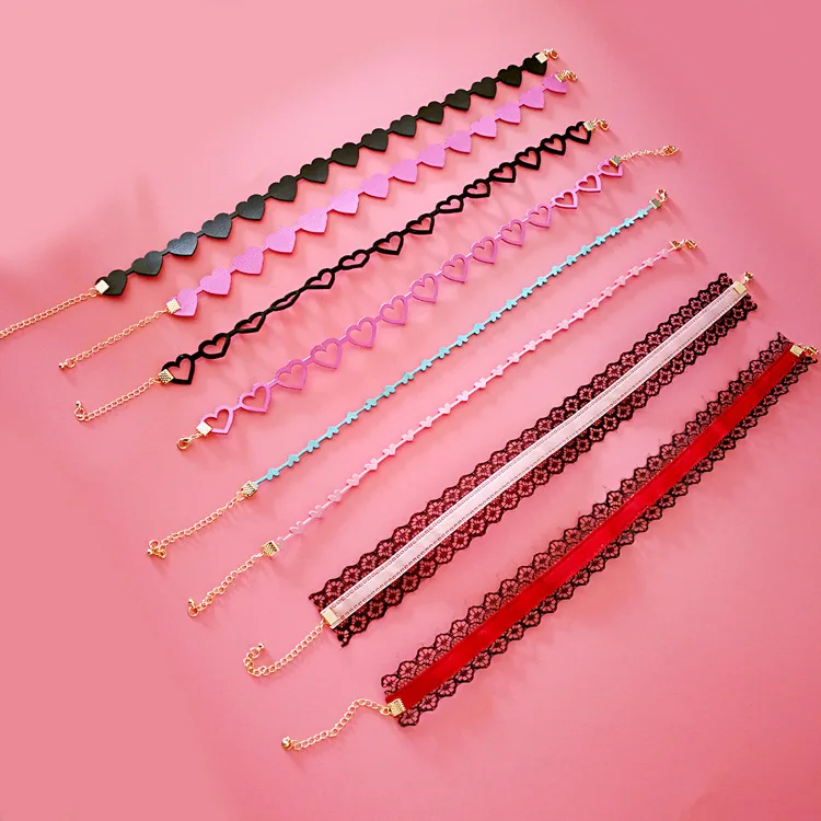 8pcs/Set Shoelace Vintage Black Lace Velvet Choker Necklace For Women