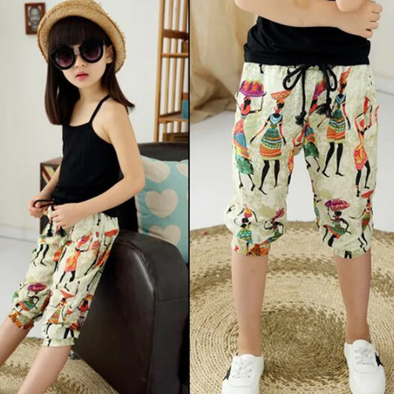 

4-13 Years Fashion Casual 2017 Summer Beach Baby Girls Pants Print Calf-length Kids Pants Children Trousers Girl Clothes JW1507