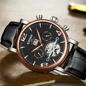 

Black Gold Men Automatic Watch Luxury Brand Alloy Leather Band Waterproof Skeleton Mechanical Business Wristwatches Casual Dress