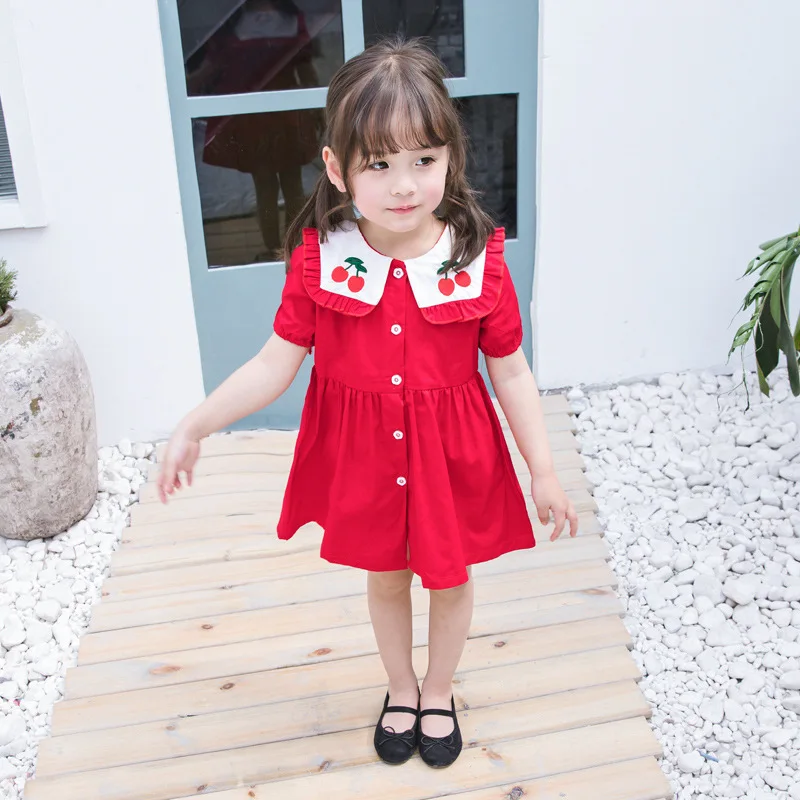 2019 Crianças Roupas Meninas Coreanas Vestido Navy Vento Lapela Vestido Cereja