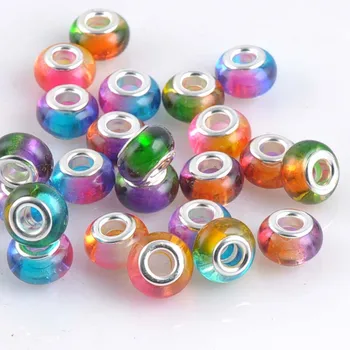 

14mm Silver Big Hole Resin Flat Round Charms Beads Iridescence Fit European Braclet DIY 30PCS YKL0516