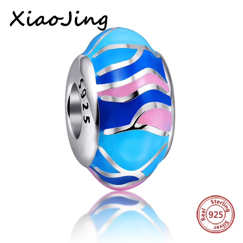 New arrival original European Bracelets blue pink enamel jewelry Making for women gifts silver 925 beads Flat bead charm