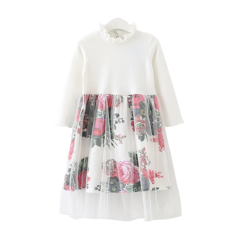 

girl dress summer casual cotton solid girl floral dresses white black print mesh o-neck girl full dresses 6 8 10 12 14 16 years
