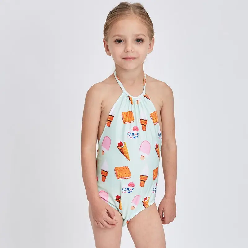 New Swimwear Children Girl Backless One Piece Swimsuit Cute Cartoon Ice