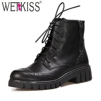 

WETKISS Genuine Leather Ankle Boots Women Round Toe Zip Footwear Motorcycle Boots Female Thick Heels Platform Shoes Woman Winter