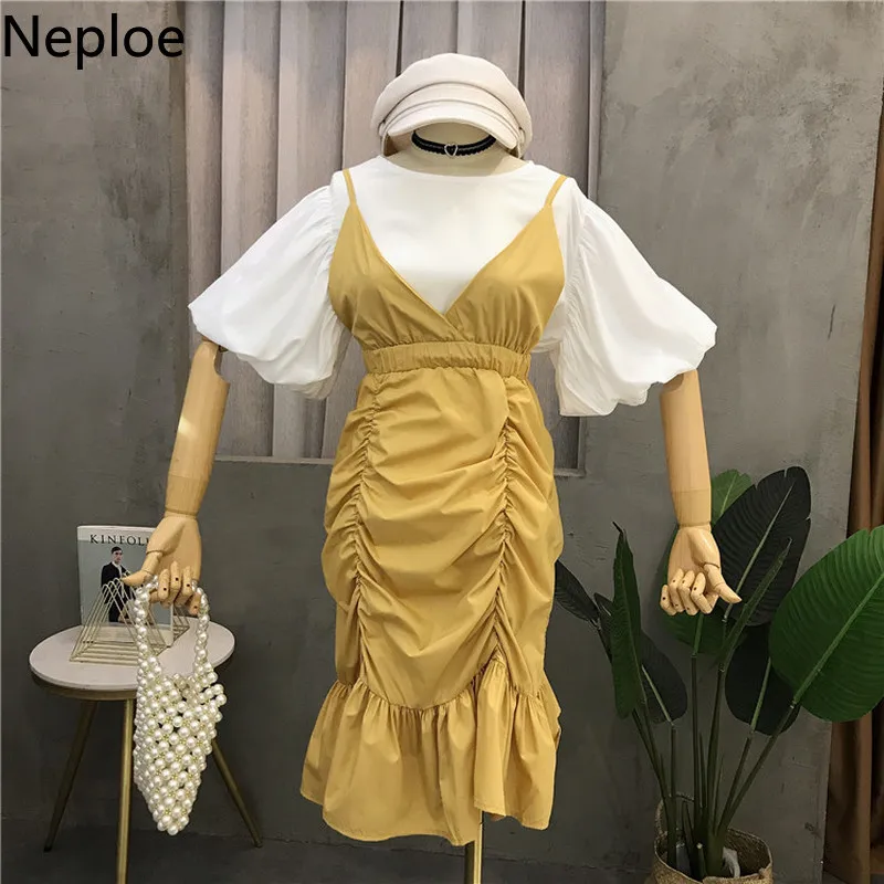 

Neploe Elegant 2 Piece Set Women Lantern Sleeve Tops Strap Dress Sets Summer Clothes Ladies Party Suit Two Piece Outfits 39855