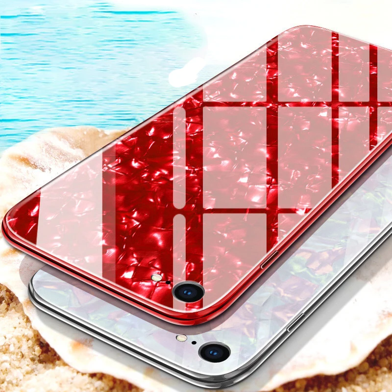 

Luxury Bling Shell Tempered Glass Cases for iphone 7 6s 6 8 plus Case Soft Frame Hard Back Cover For iphone Xs Max XR X 10 Coque