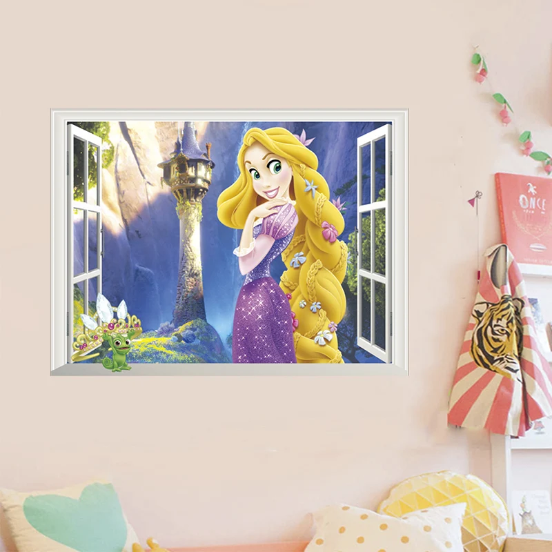 Frozen Snow White Cinderella Belle Aurora Princess 3D Window Wall Stickers Kids Room Home Decor Cartoon Mural Anime Wall Decals