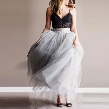 

Light Gray Tulle Length Maxi Skirt Custom Made Puffy Length waist Skirts Women high quality