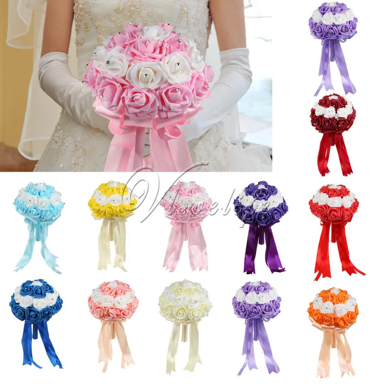 

Bridal Wedding Bouquet Handmade Artificial PE Foam Rose Flowers with Rhinestone Satin Ribbons Bow Party Favors Decor