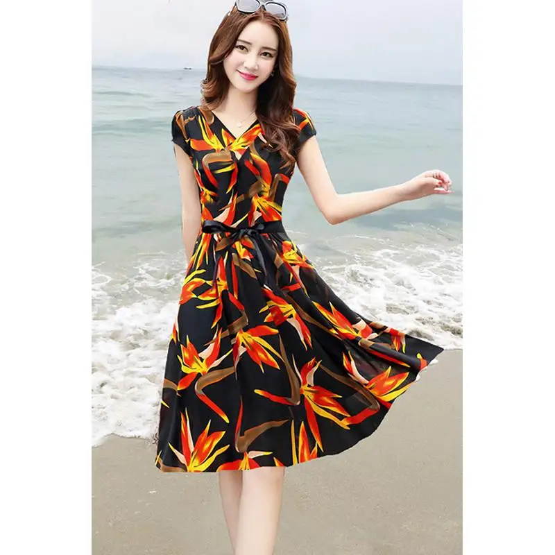 

Yfashion Summer Girl Leisure Dress Fashion Elegant Flower Printing V-neck Short Sleeve A-line Dress for Women Girl female