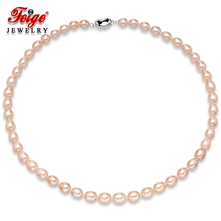 

Genuine Freshwater Pearl Necklace 7-8mm Rice Shape Pink Freshwater Pearl Choker Necklaces For Women's Fine Pearl Jewelry