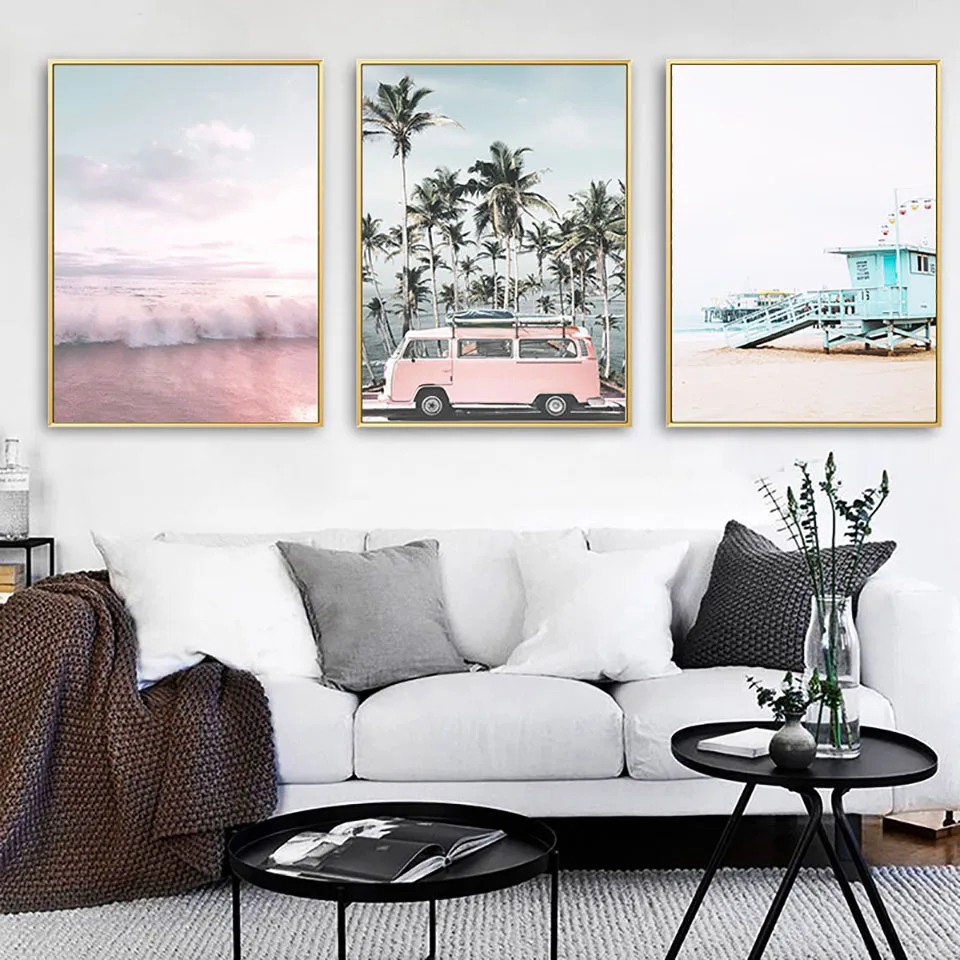 Ocean-Landscape-Canvas-Poster-Nordic-Style-Beach-Pink-Bus-Wall-Art-Print-Painting-Decoration-Picture-Scandinavian (1)