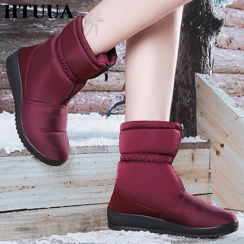

HTUUA Black Red Thick Warm Plush Snow Boots Women Winter Boots Casual Flat Platform Cotton Shoes Zipper Short Ankle Boots SX1897