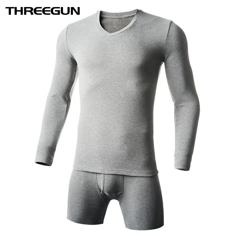 THREEGUN, зимнее плотное термобелье, два предмета, штаны+ Топ, мужские кальсоны, v-образный вырез, теплый, для фитнеса, термобелье, набор, круглый воротник