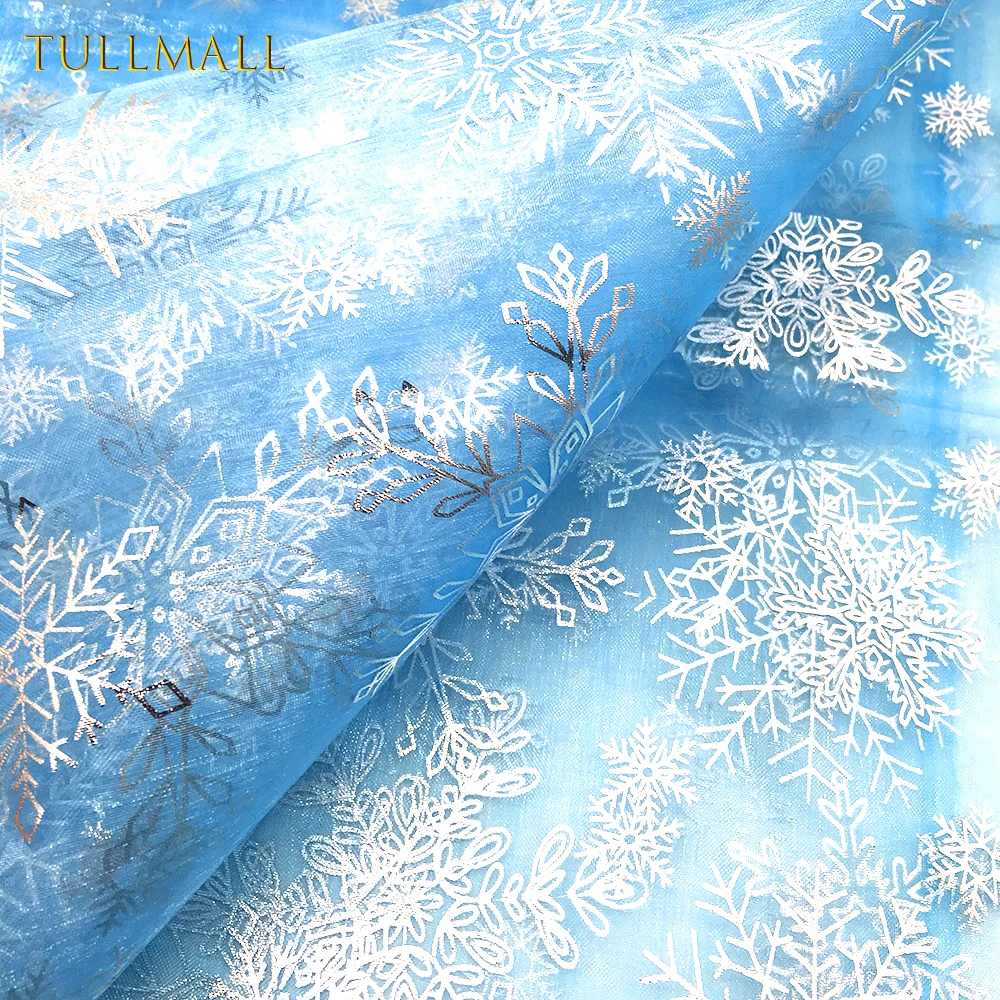 TULLMALL 150cmx100cm Frozen Decorate Tulle Fabric Cosplay Snowflake Cloth Fabric New Year Organza Printed Bronzing Fabric
