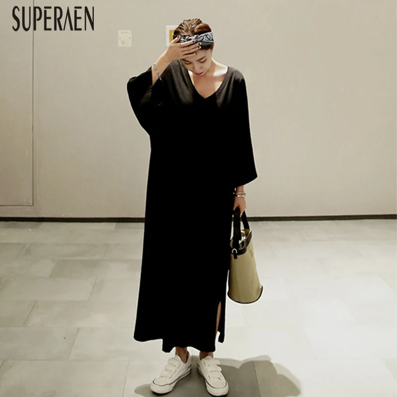 Женское длинное платье из хлопка SuperAen повседневное свободное однотонное