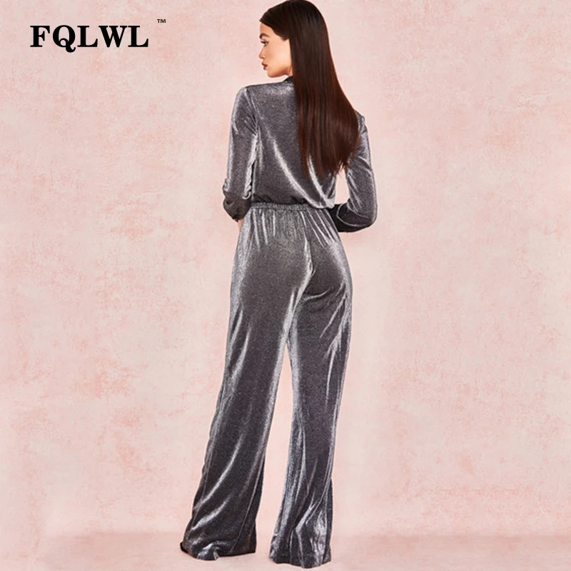 FQLWL, комбинезон с длинными рукавами и широкими штанинами, женские комбинезоны, повседневные Комбинезоны с v-образным вырезом, облегающий бандаж, элегантный женский сексуальный комбинезон