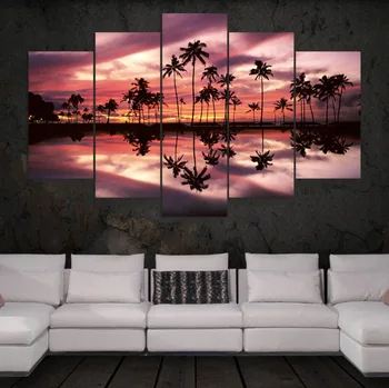 

HD print 5 panels canvas Coconut tree ocean at sunst seascape Painting on Canvas modern home decor wall art picture no frame