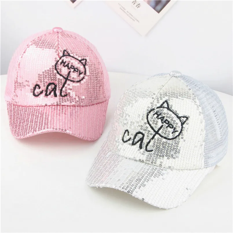 New fashion design Cute Kids Baby Children Cartoon Cat Student Paillette Hat Baseball Cap Sunhat (11)