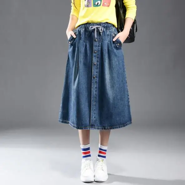

Summer Denim Midi Elastic Waist A-line Plus Size Skirt Large Size Female Leisure Pockets Skirt High Quality 9XL 8XL DV225