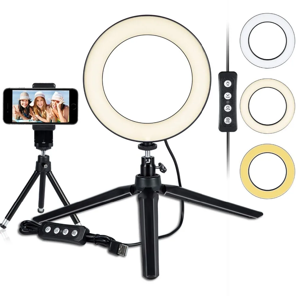 

LED Ring Light 6" with Tripod Stand for YouTube Video and Makeup, Mini LED Camera Light with Cell Phone Holder Desktop LED Lamp