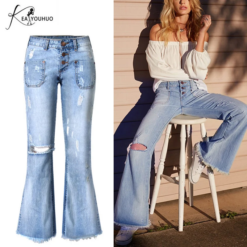 2018 осень с высокой талией женские расклешенные джинсы клеш рваные джинсы для женщин широкие брюки джинсовые толстые мама узкие джинсы
