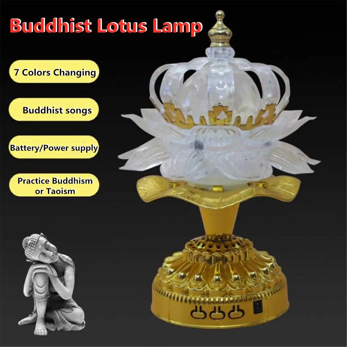 

7Color for Lotus Flower Lamp Buddhist Prayer Lamps Buddhist Songs Buddha Music Machine Acrylic LED Color Changing Temple Light