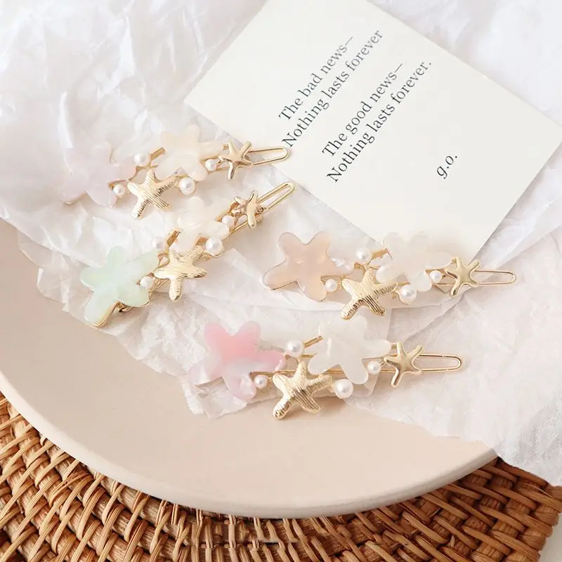 

2019 new arrival Novelty Women Pink Acetic Acid Starfish Hair Clips Imitation Pearl Gold Flower Hairpins hair girps barrettes