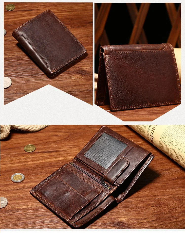 MJ Genuine Leather Men's Short Wallet Retro Bi-Fold Leather Wallet Card Holder Male Purse Coin Pocket ID Window Photo Position (2)