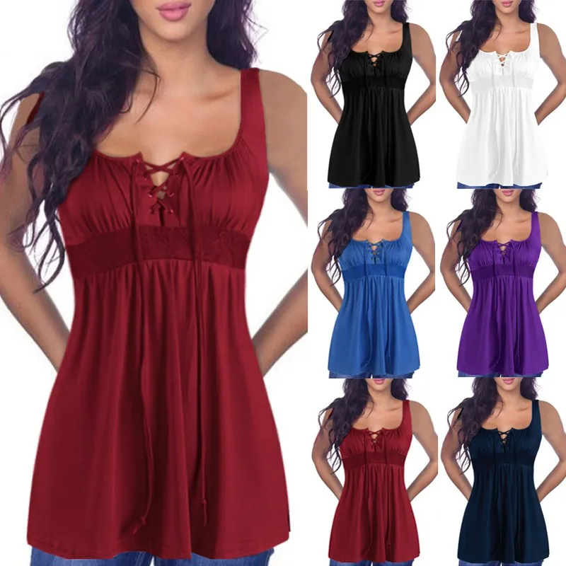 

Celmia Women Summer Tunic Tops 2019 Sexy Spaghetti Strap Sleeveless V-neck Blouse Casual Long Lace Up Shirts Plus Size Blusa