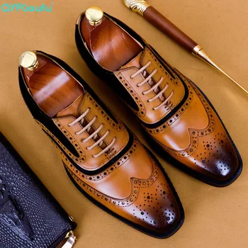 

QYFCIOUFU Men's Dress Shoes Fashion Brogue Floral Pattern Men Formal Shoes Luxury Wedding Genuine Leather Men Oxford US 11.5